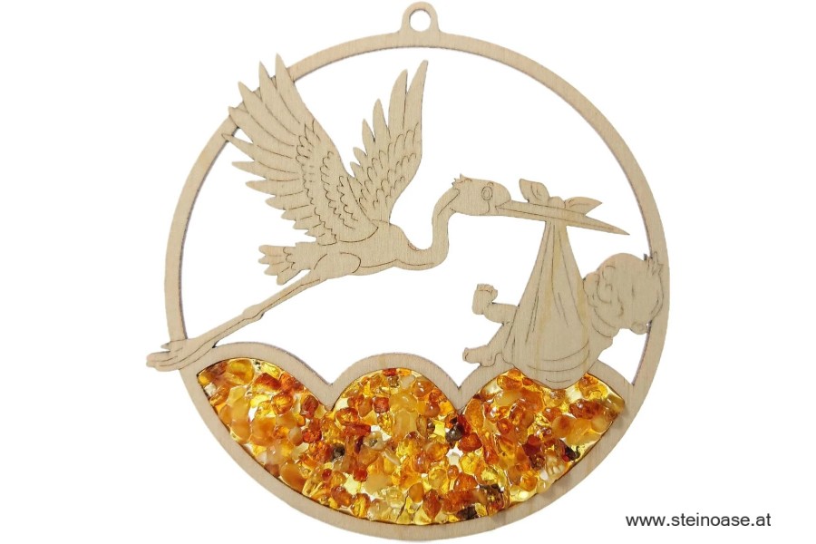 Fensterbild Suncatcher Bernstein - BABY mit STORCH Ø 11cm